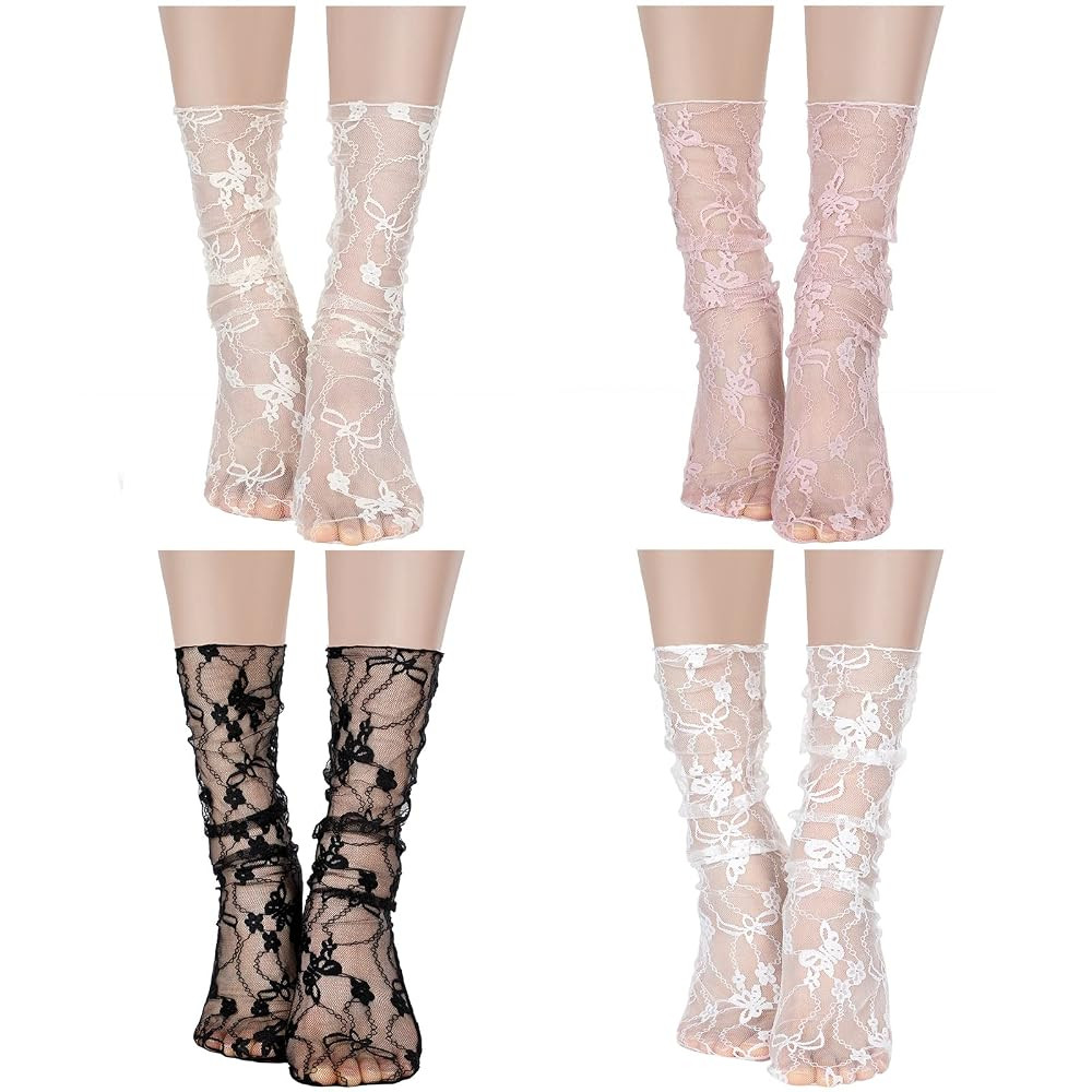 Bencailor 4 Pairs Women Sheer Slouch Socks Lace Mesh Novelty Decorated Nylon Loose Ankle High | Amazon (US)