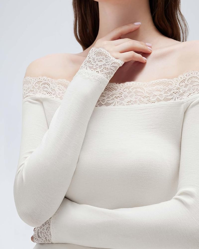 SUUKSESS Cloud Cashmere Women Lace Off Shoulder Long Sleeve Shirt Basic Knit Top | Amazon (US)
