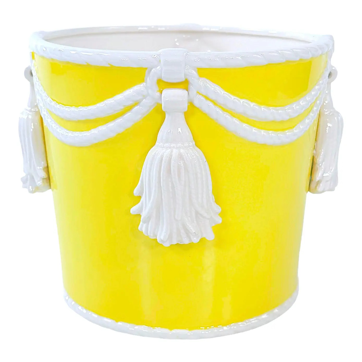 1970's Fitz & Floyd Large Yellow & White Tassel Cachepot | Chairish