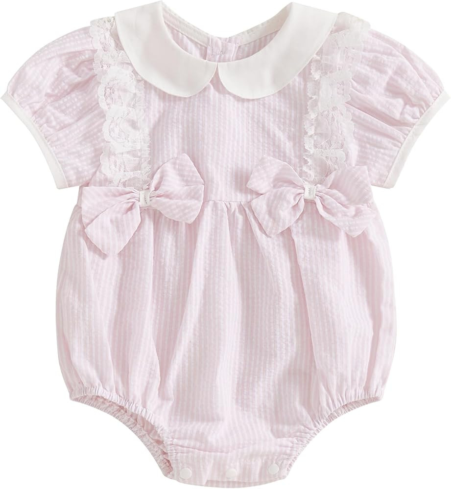 Karwuiio Infant Baby Girl Romper Short Sleeve Plaid Print Rompers Newborn Summer Clothes Embroide... | Amazon (US)