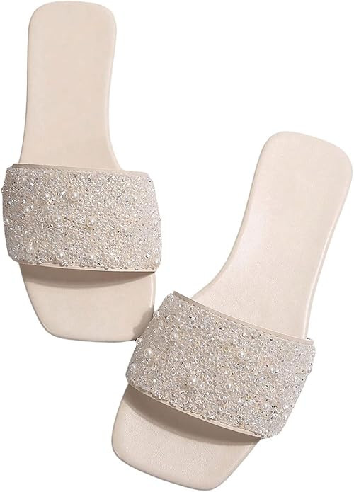 GORGLITTER Women's Sparkly Sequin Sandals Flat Slides Dressy Sparkle Glitter Rhinestone Open Toe ... | Amazon (US)