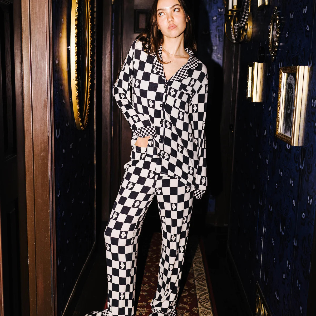 Adult Ghost Check Ribbed Pajama Set (Pockets) | Staykation