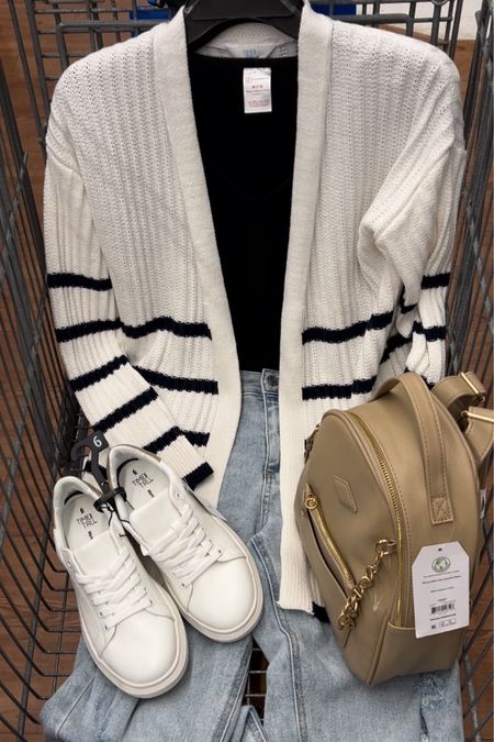 Walmart outfit inspo with this $17 stripe
cardigan (tts small) that’s great for work or the weekend! Double layer tee is excellent just go up a size. Backpack on sale in store! Jeans tts 6. 

#LTKfindsunder100 #LTKstyletip #LTKfindsunder50