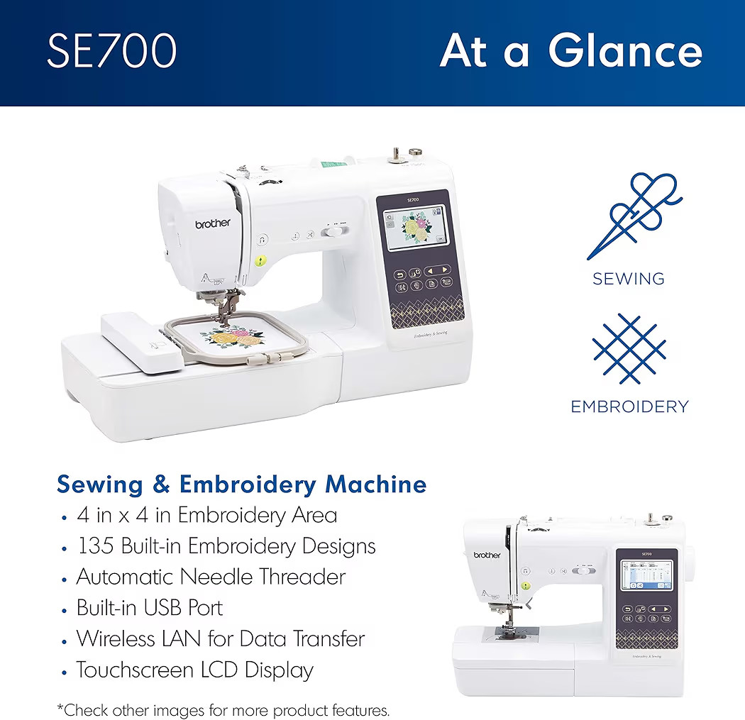 Brother SE700 Sewing and Embroidery Machine, Wireless LAN Connected, 135 Built-in Designs, 103 Bu... | Amazon (US)