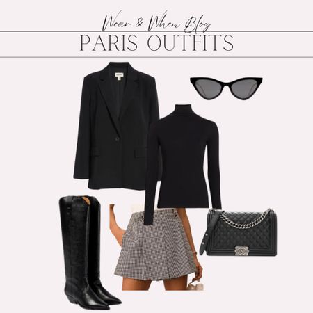 Paris outfit idea / fall outfit idea 
Black oversized blazer
Black mock neck sweater
Houndstooth skort
Black tall boots 

#LTKSeasonal #LTKstyletip #LTKshoecrush