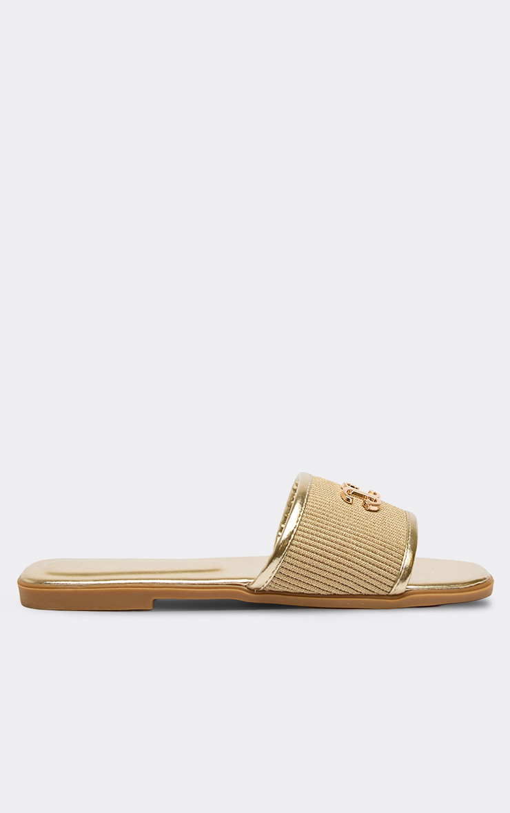 Gracie Contrast Woven Logo Detail Flat Slider Sandal In Gold Faux Leather | EGO Shoes (US & Canada)