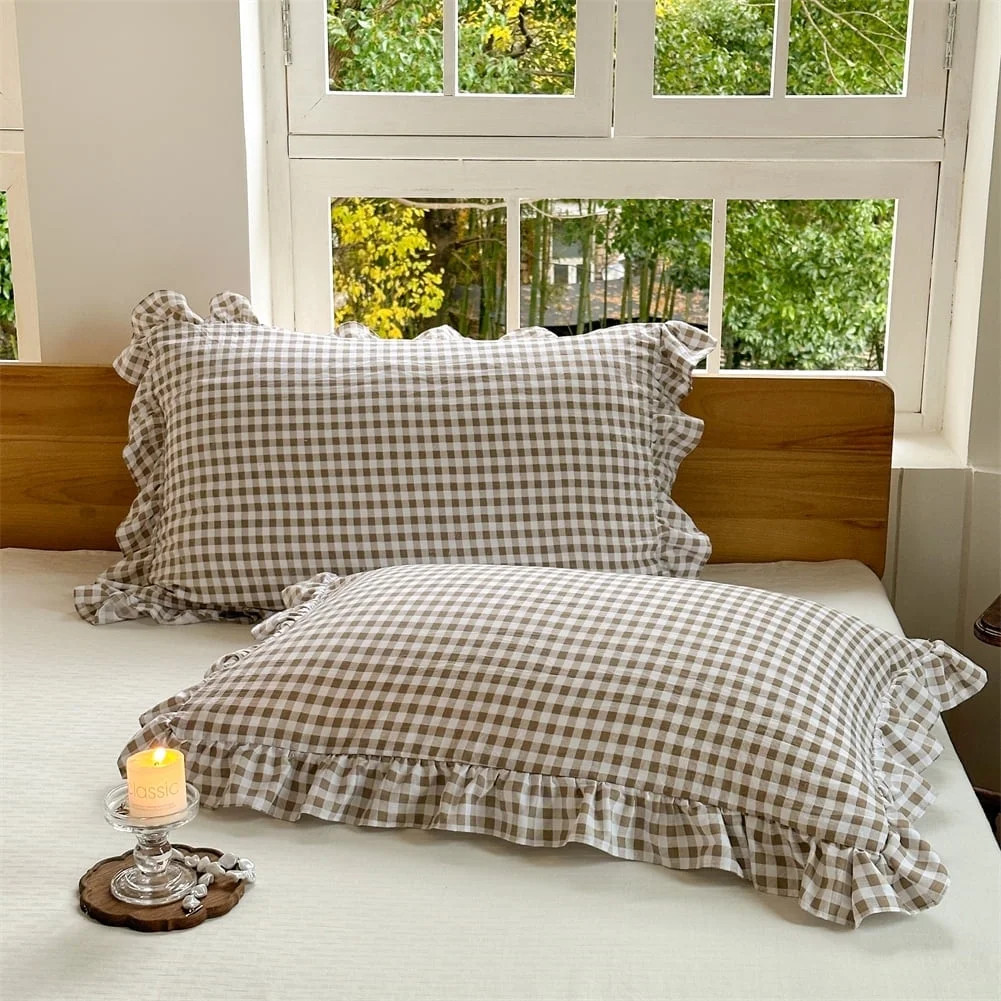 Tan Ruffled Plaid Gingham Pillow Shams 20"x26", Set of 2 Taupe Checked Pre-Washed Microfiber Farm... | Walmart (US)