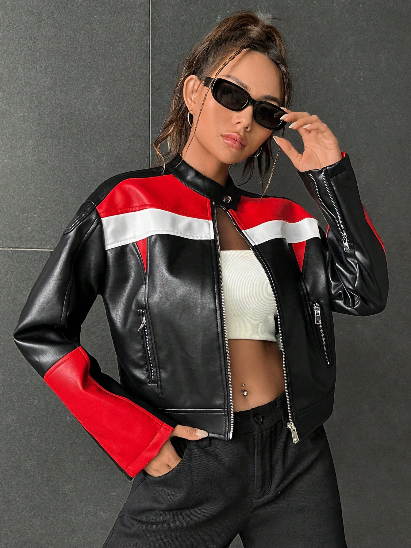 SHEIN Coolane Colorblock Zip Up PU Leather Jacket | SHEIN USA | SHEIN