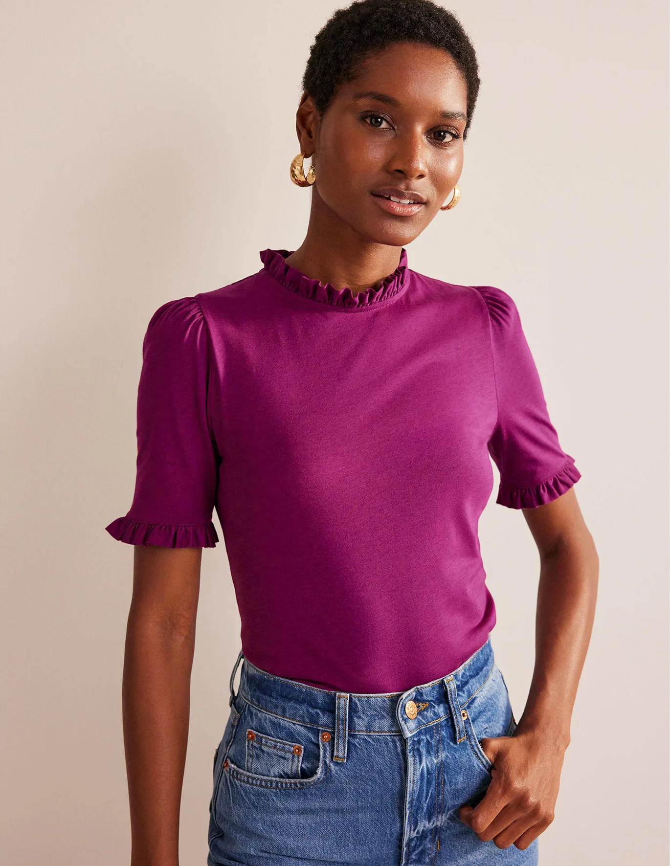 Supersoft Frill Detail T-shirt - Damson Berry | Boden (US)