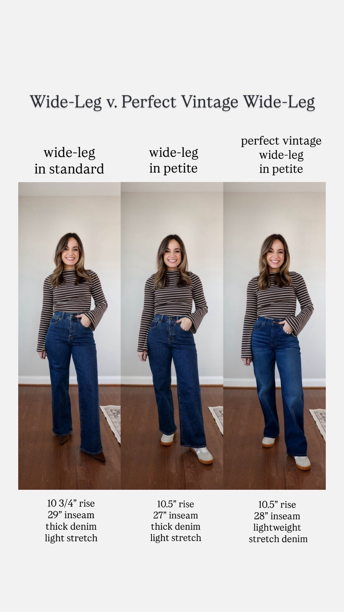 A side by side of the Madewell wide leg and perfect vintage wide leg. 

Both options shrink in the wash over time and shorten. 

The wide-leg jeans are thicker and more structured. The PV jeans are lighter and stretchy. Both are true to size and comfortable. 

Wide-leg: 24 standard - 10.75” rise, 29” inseam. 
Wide-leg: petite 24 - 10.5” rise, 27” inseam 
PV wide leg: petite 24 - 10.5” rise, 28” inseam 

Top (LOFT): petite xxs 

#LTKPetite