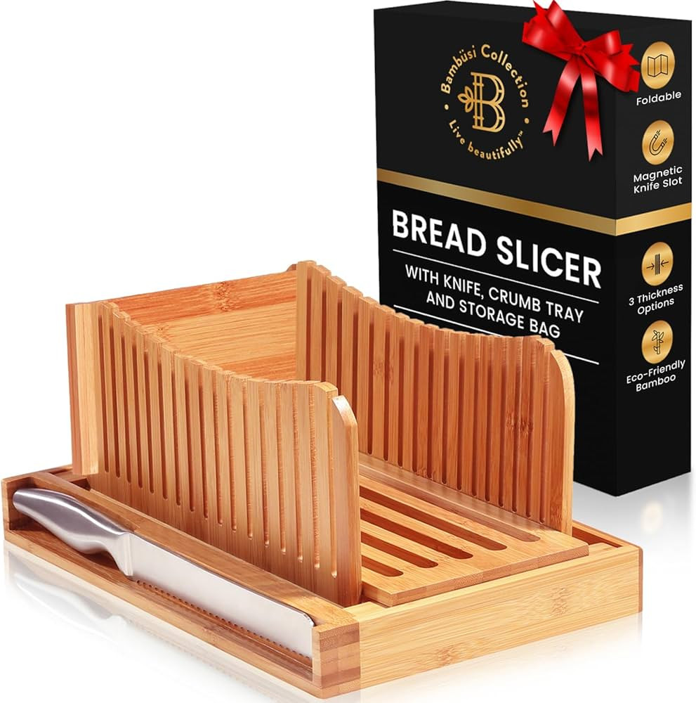 Bambüsi Bread Slicer for Homemade Bread - Bamboo Bread Cutter with Knife, Foldable Slicing Guide... | Amazon (US)