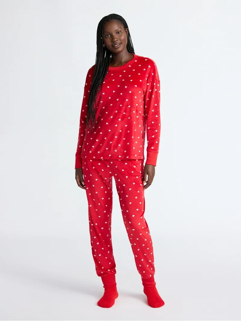 Joyspun Women’s Stretch Velour Long Sleeve Top, Pants, and Socks Pajama Set, 3-Piece, Sizes XS-... | Walmart (US)