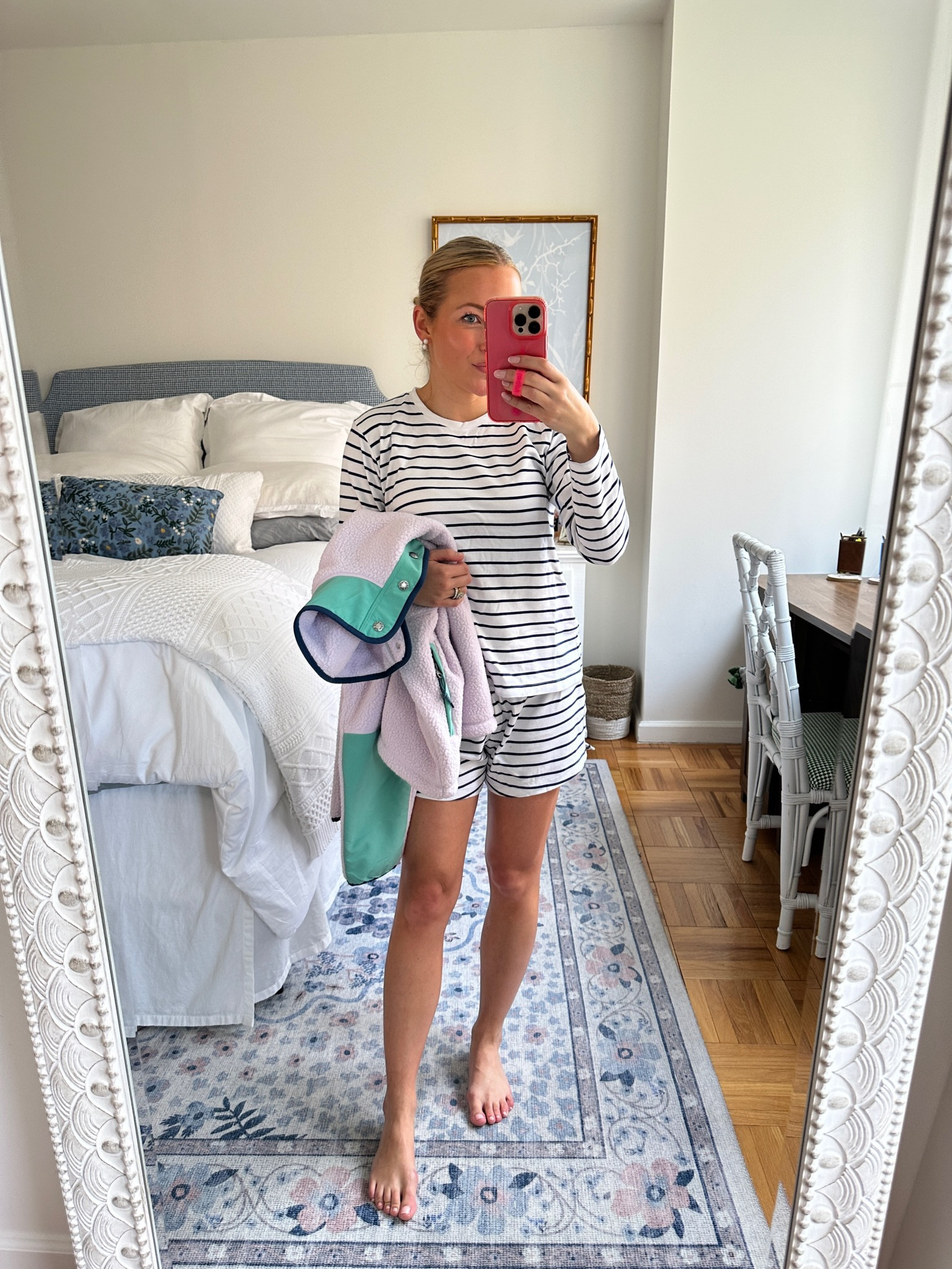 Memorial Day outfit ❤️🇺🇸🌊 Striped blue and white long sleeve and short pajama set with North Face pullover 

#LTKhome #LTKfit #LTKstyletip