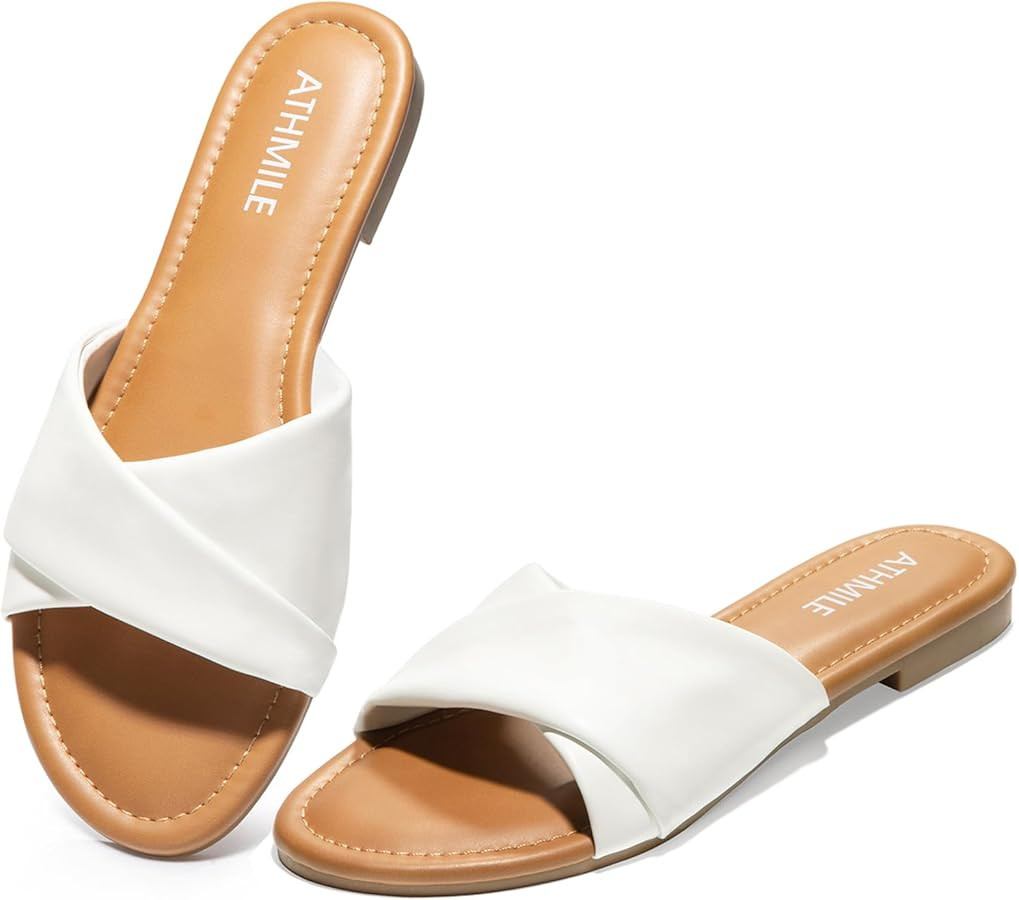 Amazon.com | ATHMILE Sandals Women Dressy Summer Flat Comfortable Fashion Beach Cute Ladies Slide... | Amazon (US)