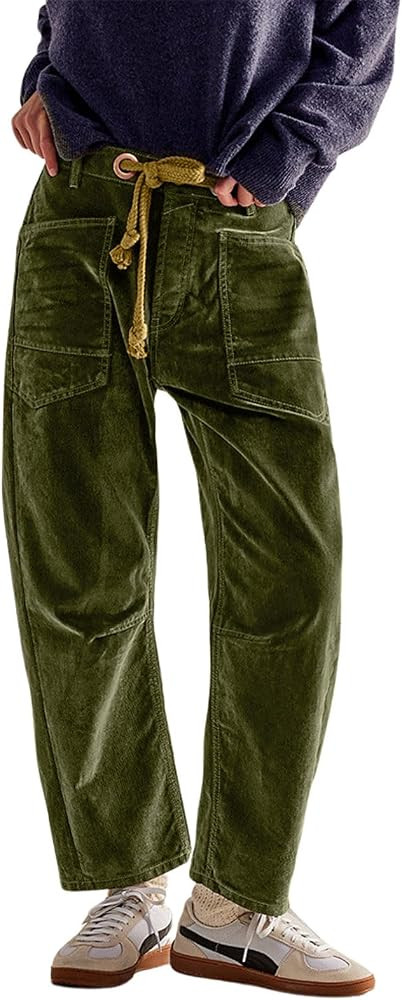 CHARTOU Women's Velvet Low Rise Barrel Pants Jeans Waist Drawstring Baggy Pants Y2k Cropped Denim... | Amazon (US)