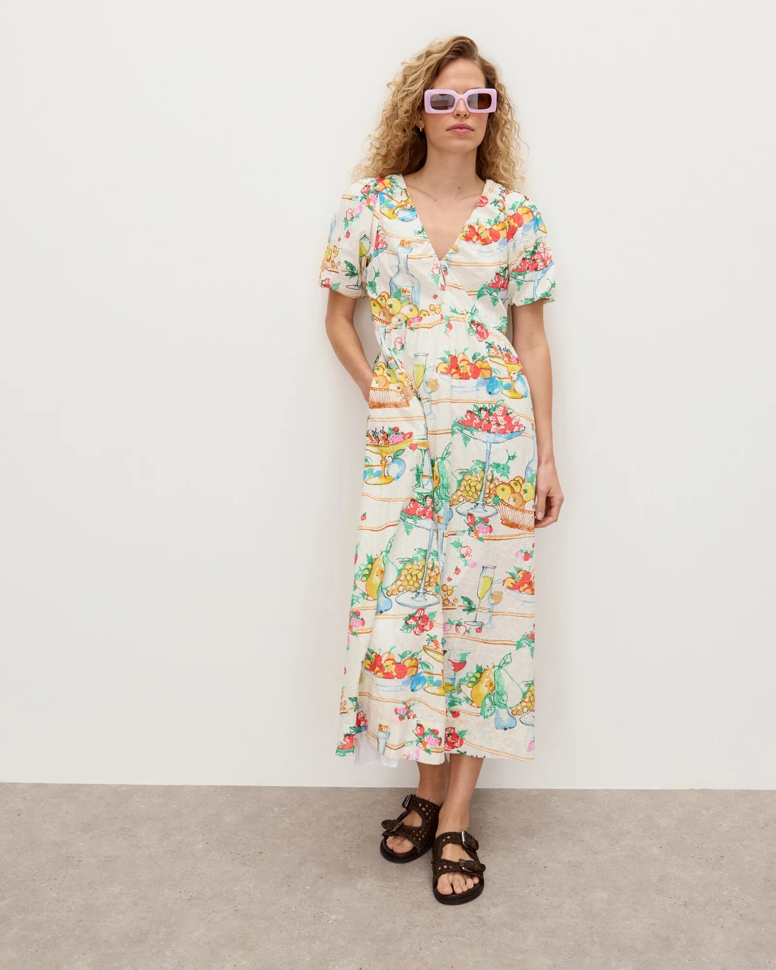 White Floral Embroidered Fruit Print Puff Sleeve Midi Dress | Oliver Bonas | Oliver Bonas (Global)