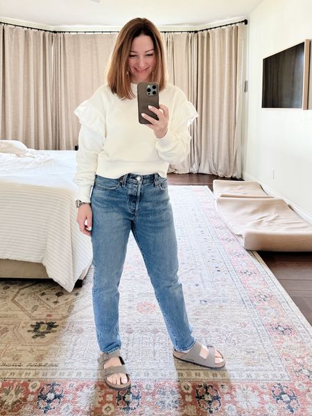 Everyday mom outfit with this cute new ruffle sleeve sweater. Sweater with sandals…only in florida. #fitcheck #rufflesweater #everydaystyle #everydayoutfit #momstyle   