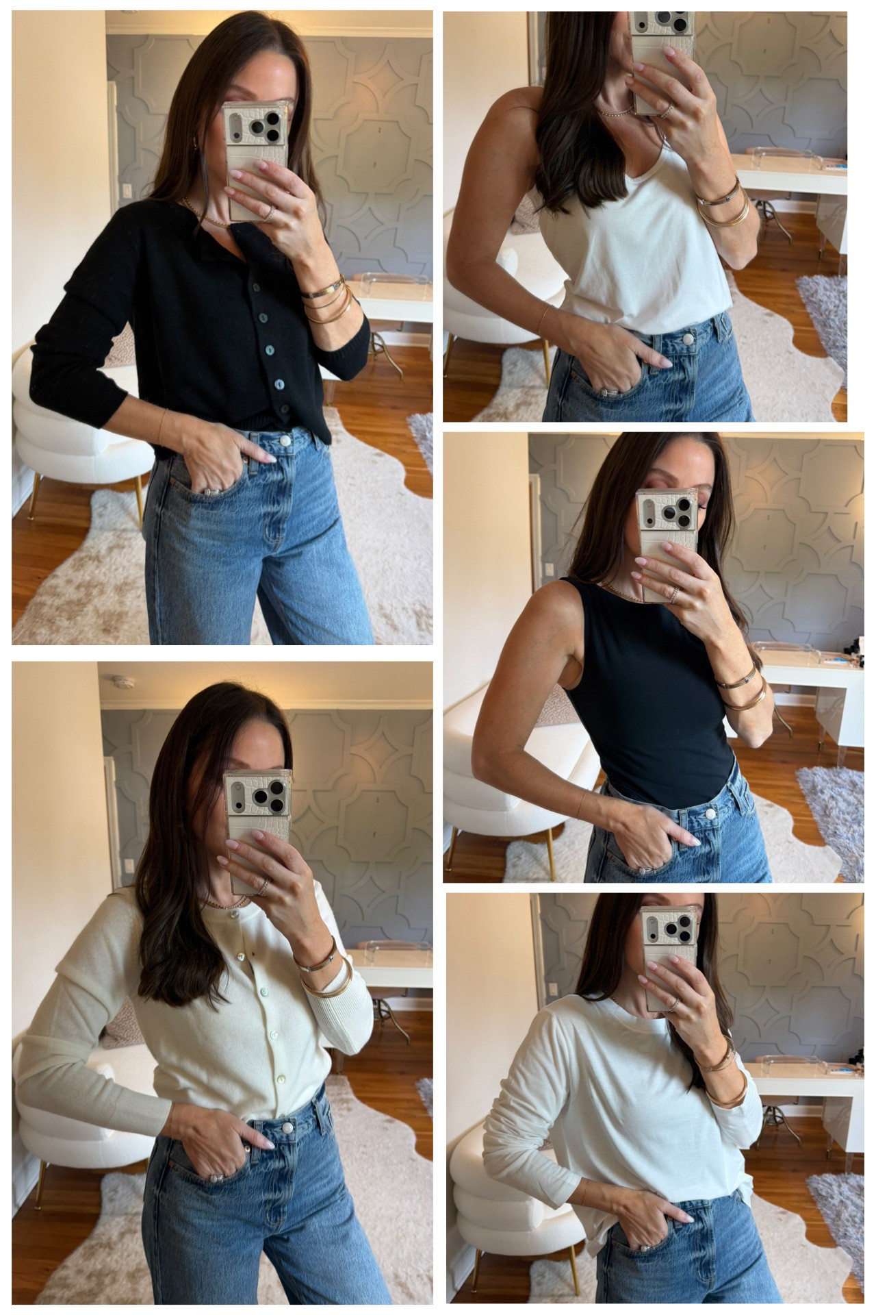 These are the staples you need in your wardrobe that will transition you from summer to fall but that you’ll also style year-round! 

Sizing:
Black Cardigan true to size 
White cardigan true to size 
White loose tank size down one 
Fitted black tank true to size 
Long sleeve tee sized up one for a looser fit

@Quince #quincepartner