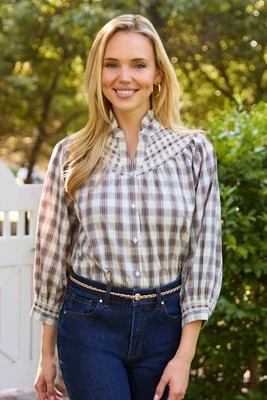Von Brown Plaid Smocked Detail Top | Avara