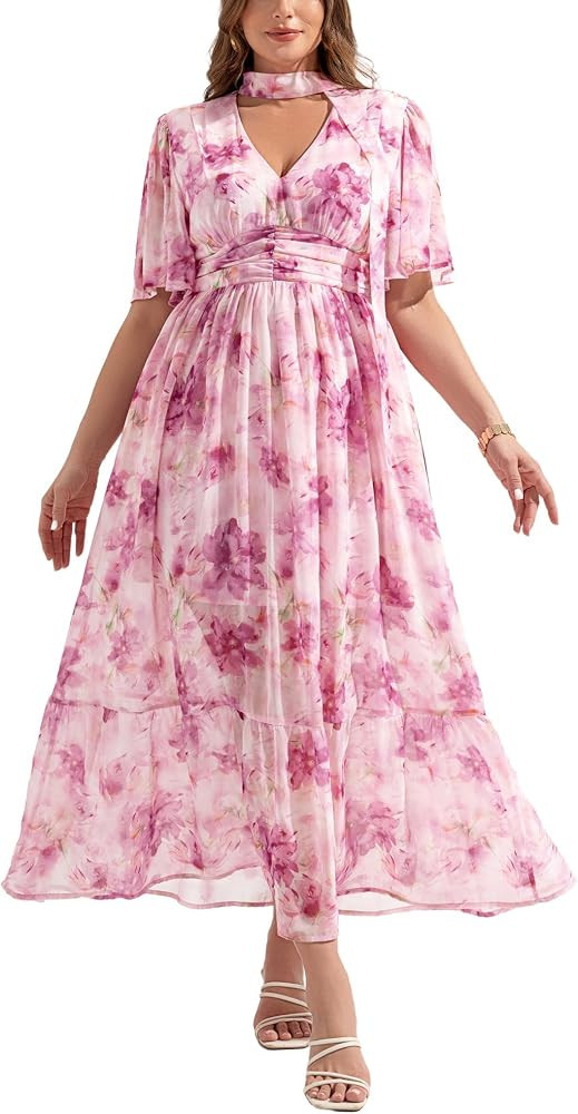 Plus Size Wedding Guest Dresses for Women Floral Chiffon Flowy V Neck Maxi Dress with Detachable ... | Amazon (US)