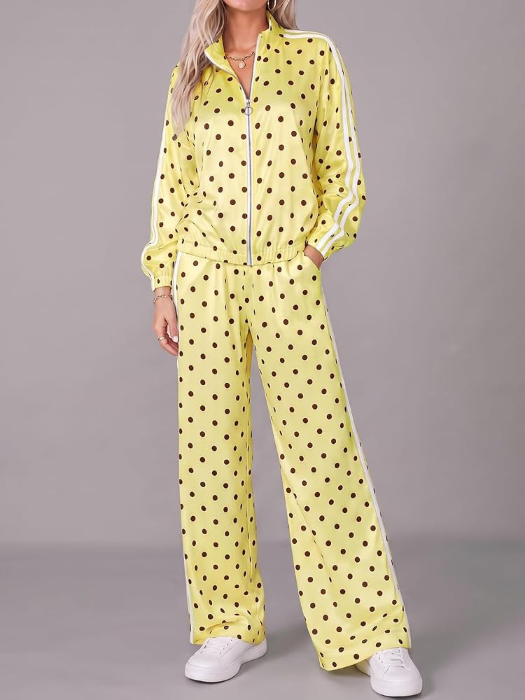 Fisoew Womens Polka Dot 2 Piece Outfits Zip Up Sweatshirt Pants Sets | Amazon (US)