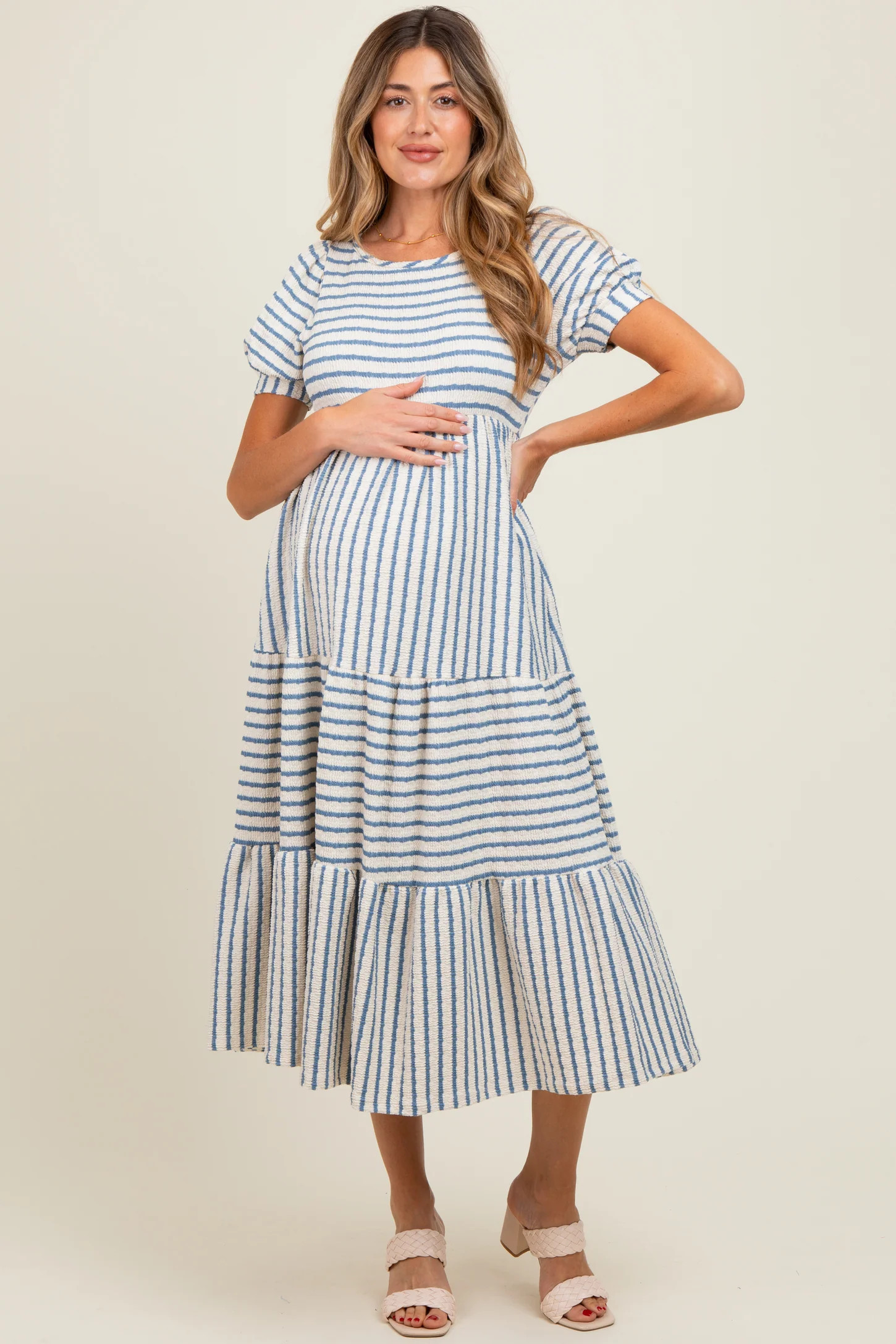 Cream/Blue Striped Short Sleeve Tiered Maternity Maxi Dress | PinkBlush Maternity