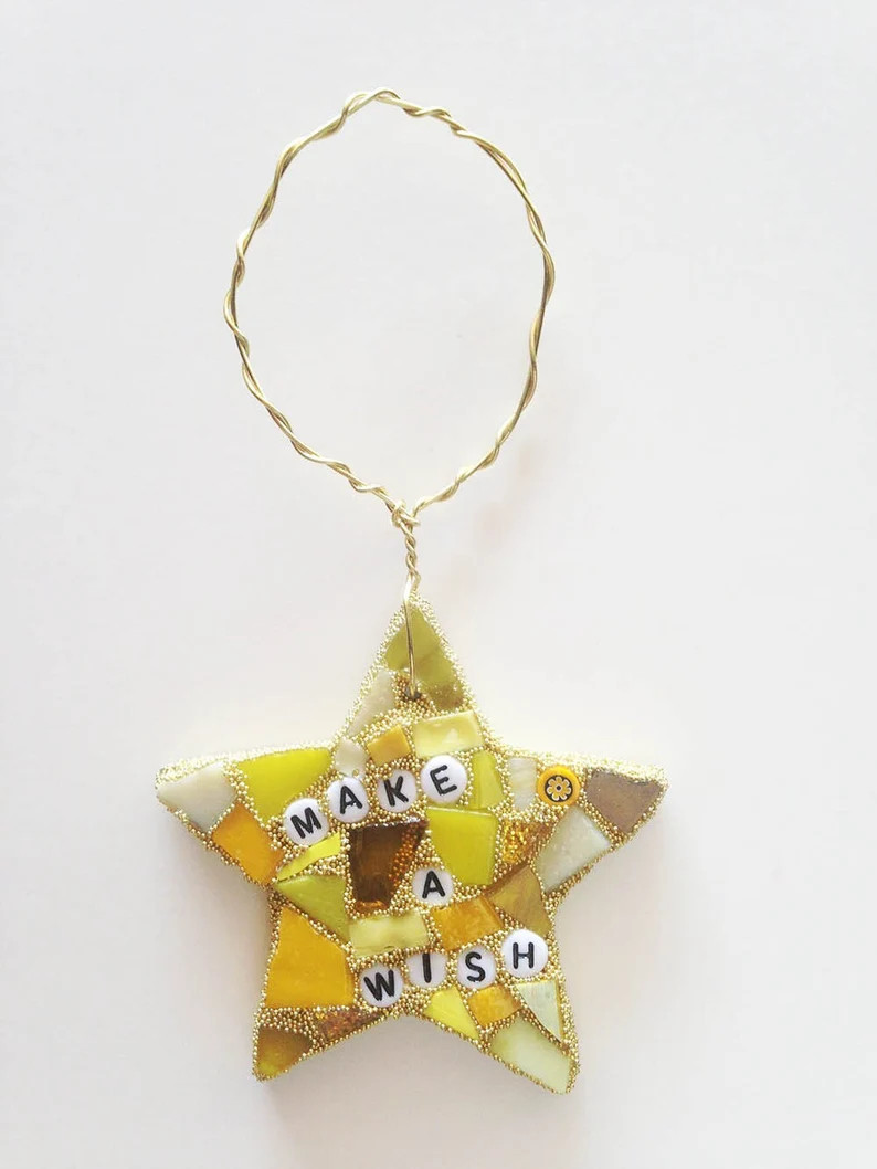 Make a Wish Mosaic Star Ornament Christmas Holiday Decor Yellow Gold Amber Metallic Iridized Lett... | Etsy (Global)