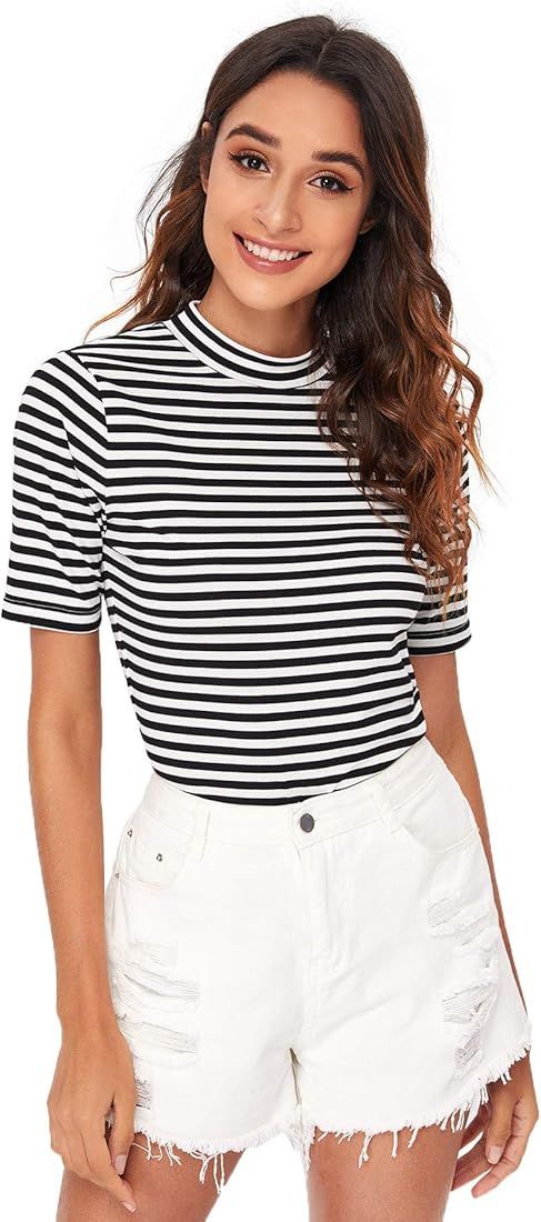 Floerns Women's Short Sleeve Striped Slim Fit Mock Neck Stretch T-Shirts | Amazon (US)