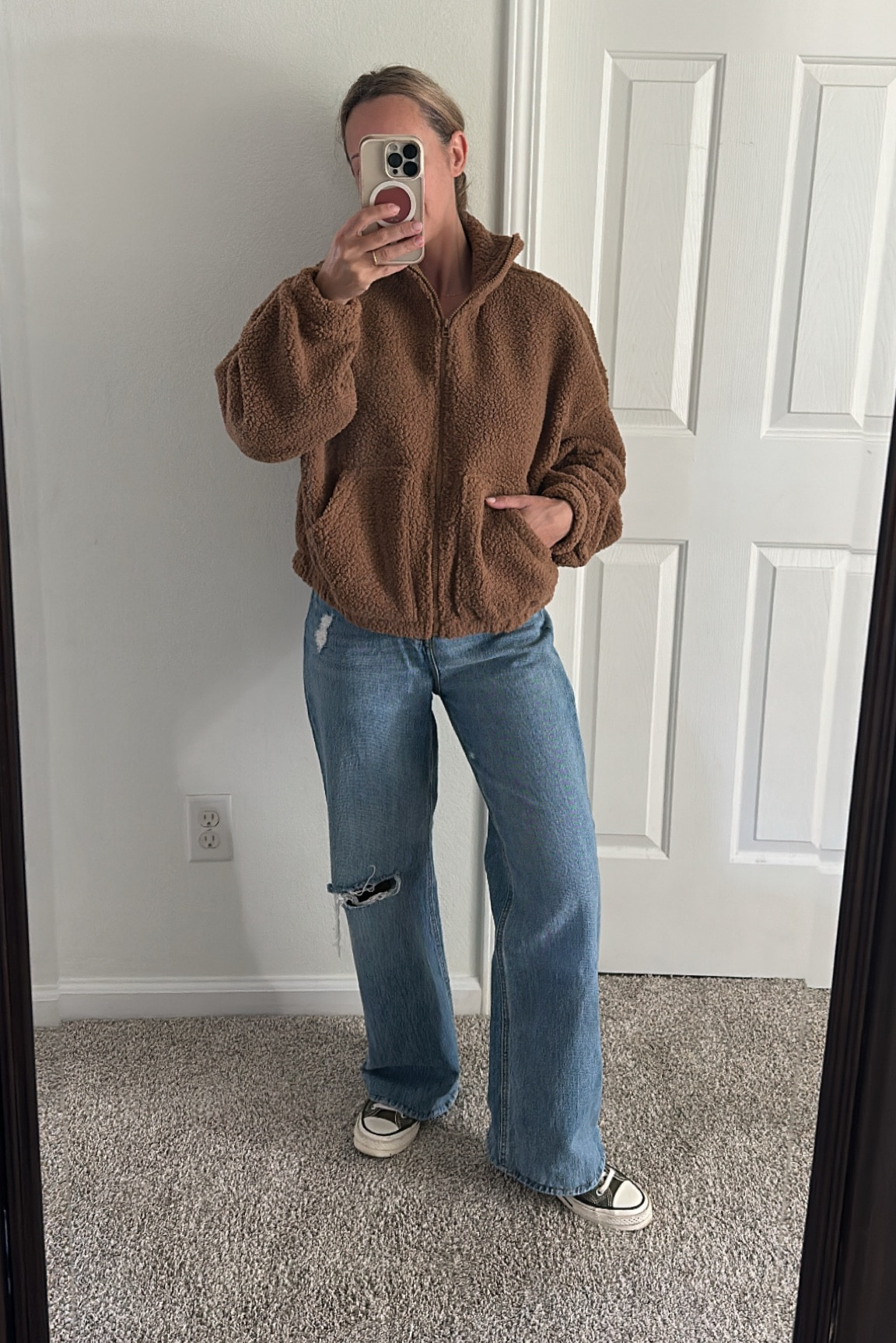 Cute teddy coat light weight from old navy pair with wide leg jeans and converse for cool mom style / runs a little big would size down 

#LTKover40 #LTKmidsize