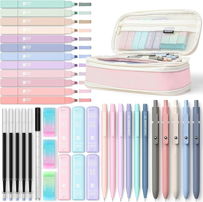 Four Candies 39 PCS Aesthetic School Supplies with Cute Pen Case, 12 Pastel Highlighters, 5 Black... | Amazon (US)