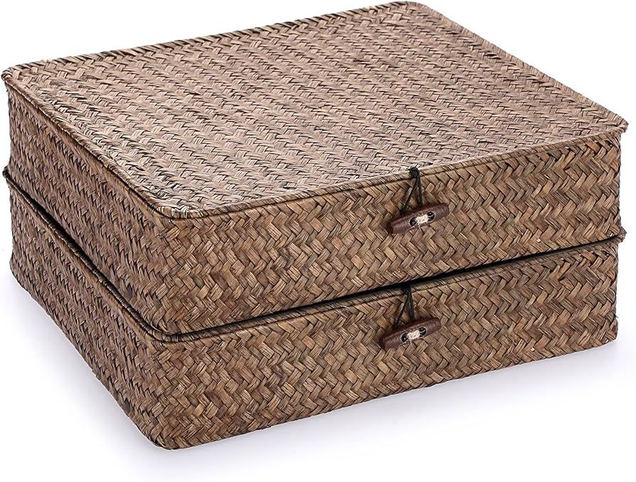 Hipiwe Woven Wicker Basket Bins with Lid - Set of 2 FLat Seagrass Storage Baskets Boxes Rectangul... | Amazon (US)