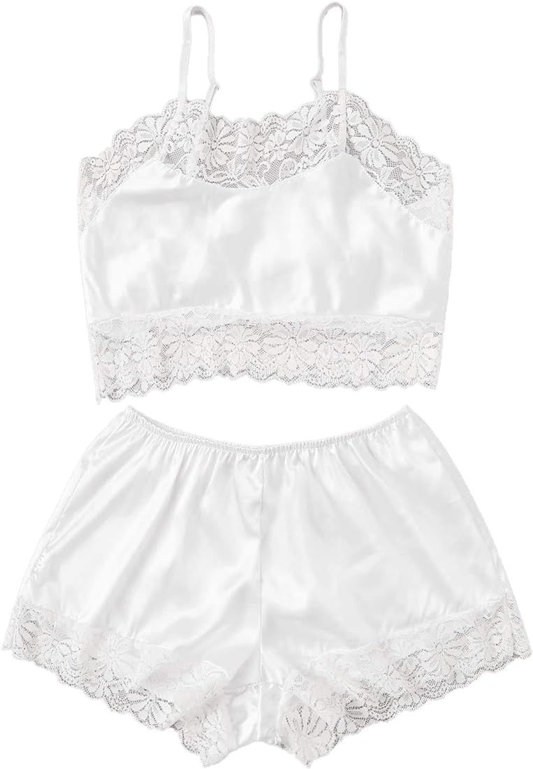SweatyRocks Women's Satin Lace Sleepwear Cami Top and Shorts Pajama Set | Amazon (US)