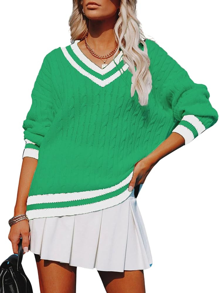 InterNos Women's Casual V Neck Long Sleeve Sweater Trendy Striped Pullover Cable Knit Preppy Swea... | Amazon (US)