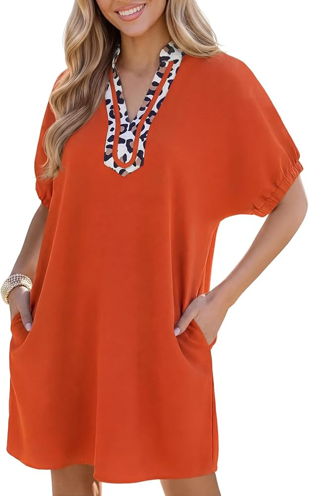 Wenrine Women Summer T Shirt Mini Dresses Short Batwing Sleeve V Neck Leopard Casual Loose Flowy ... | Amazon (US)