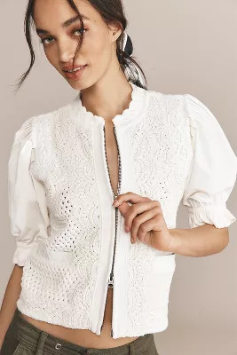 By Anthropologie Puff-Sleeve Mock-Neck Mixed Media Cardigan Sweater | Anthropologie (US)