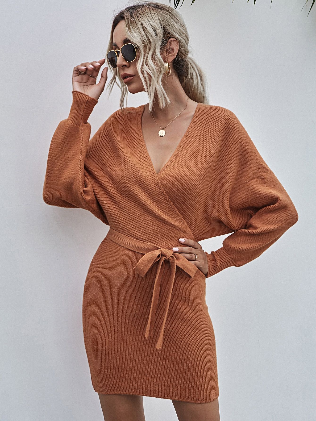 Solid Surplice Front Belted Ribbed Knit Dress | SHEIN