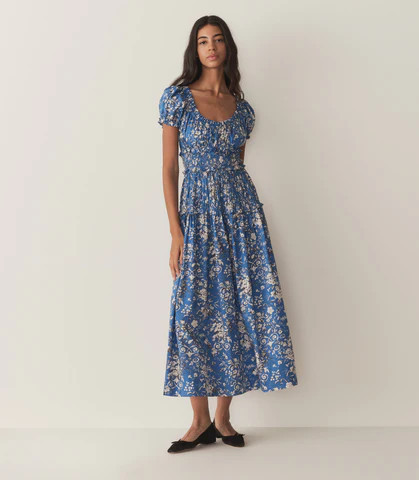 D�?EN Leanne Dress -- Jardins De La Fontaine - Size - L Cotton Floral Print Fitted Prairie Vintage-inspired Effortless | DOEN