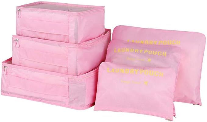 6 Set Compression Packing Suitcase Cubes Luggage Organizer for Travel Pink | Amazon (US)