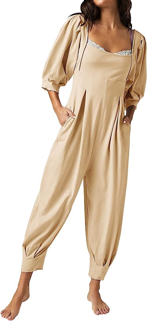 Ebifin Women's Casual Jumpsuits Square Neck Loose Long Pant Rompers with Pockets | Amazon (US)