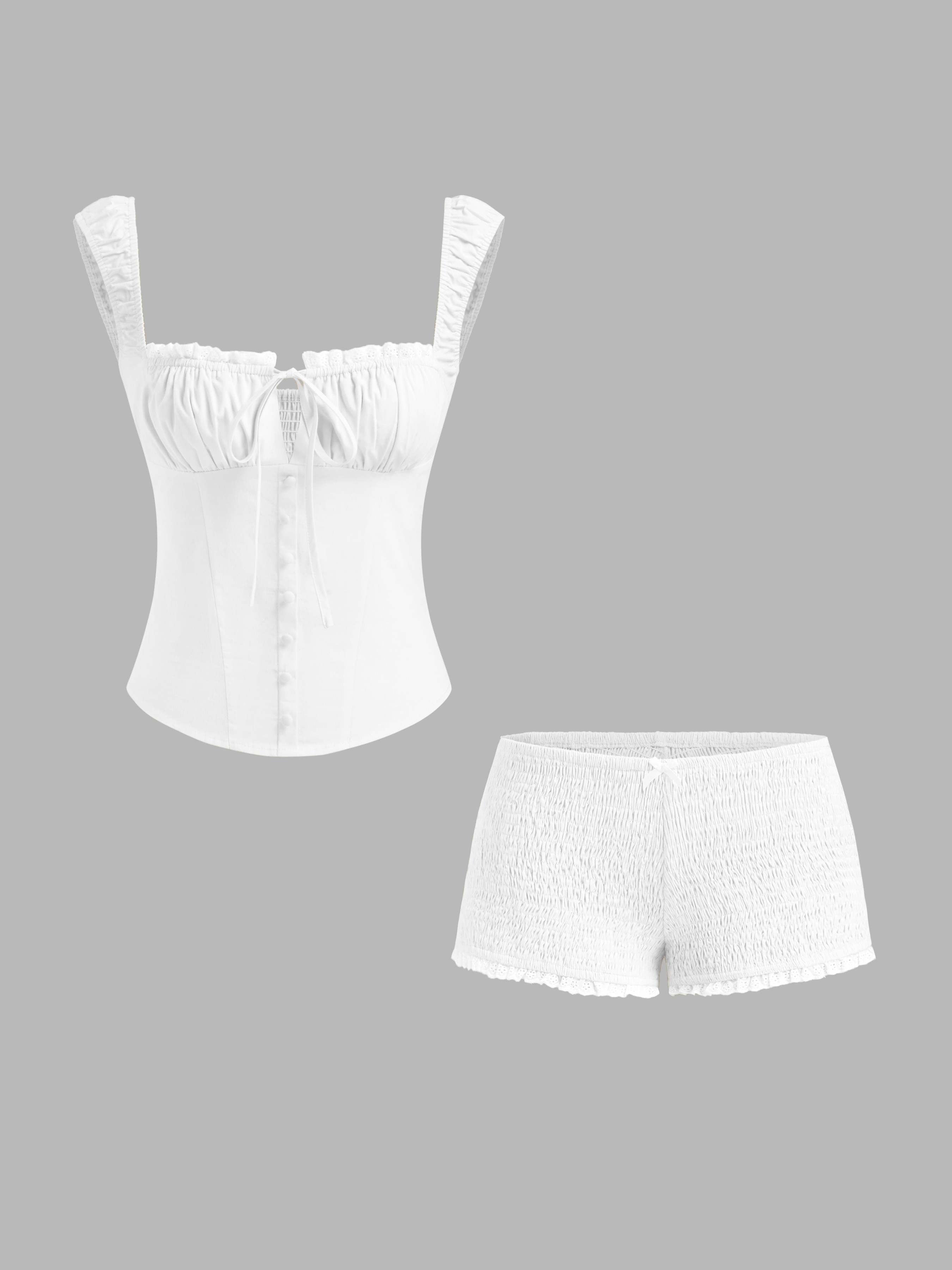 Woven Cotton Broderie Anglaise Trim Tank Top & Low Rise Shirred Bowknot Shorts Set  For Daily Cas... | Cider