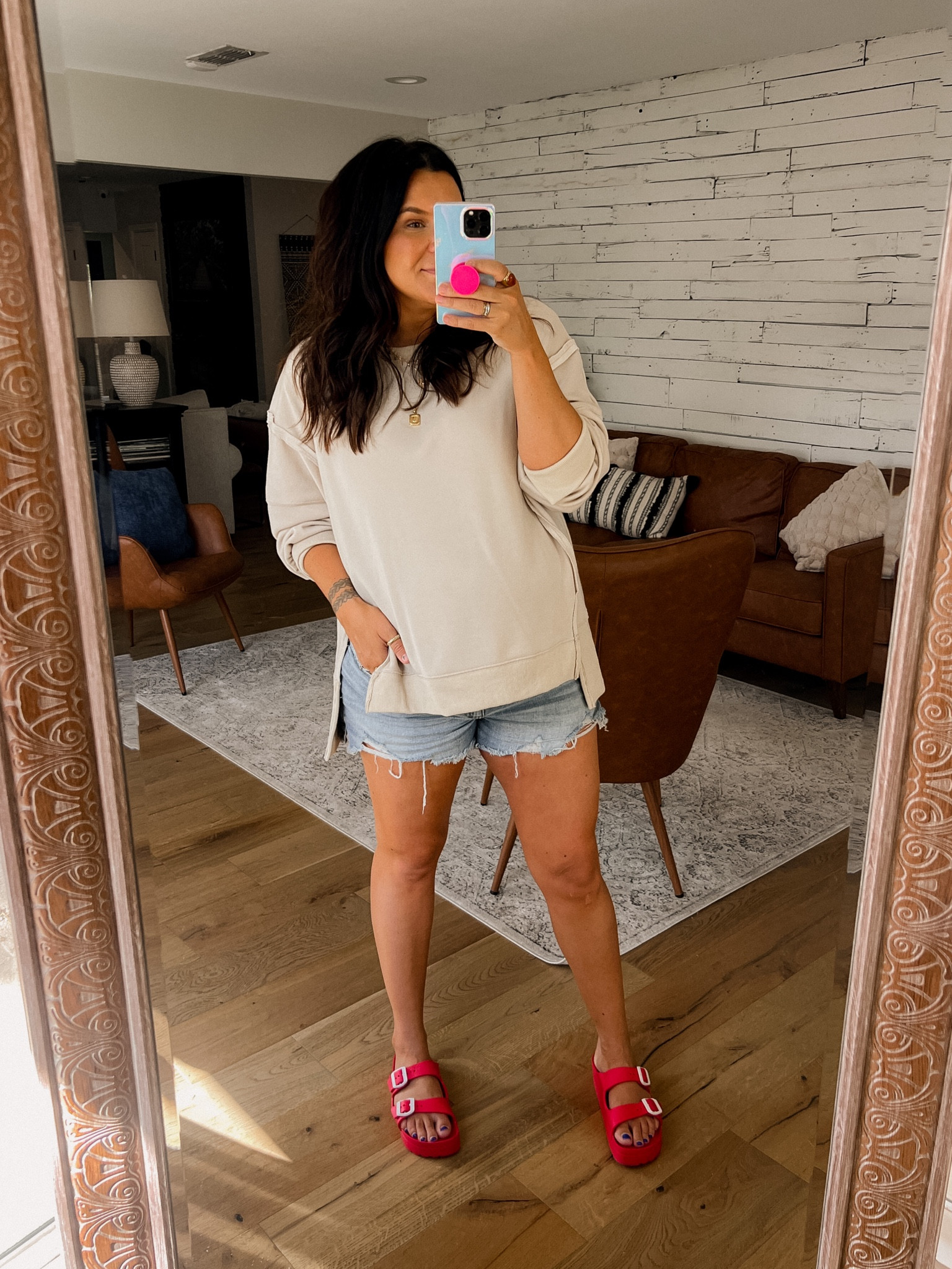 Casual summer fashion, bump friendly 
Sweatshirt: XL
Cutoff Denim Shorts: XL
SAndals: Size up 1/2 size

#LTKstyletip #LTKshoecrush #LTKunder50