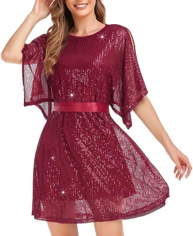 NOYIVA Womens Sequin Shift Dress Party Split Sleeves Casual Loose Mini Short Dresses | Amazon (US)