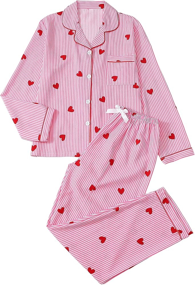 Women's 2 Piece Pj Set Cherry Print Pajama Long Sleeve Button Up Collar Tops and Pants Nightwear ... | Amazon (US)