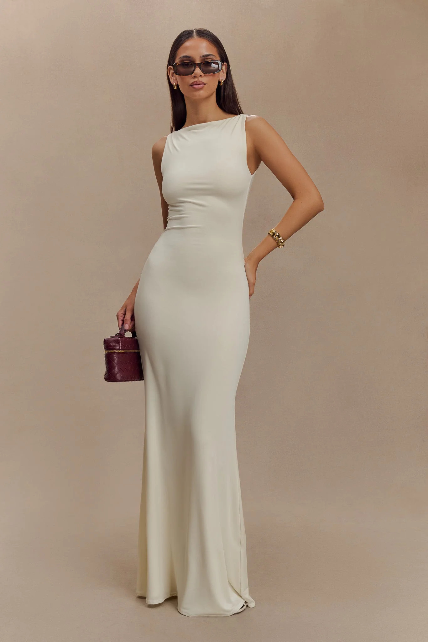 Tarna Sleeveless Slinky Maxi Dress - Bone | Meshki UK