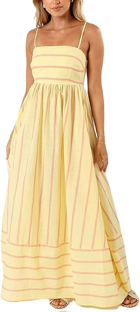 KMBANGI Women Striped Sleeveless Maxi Dress Swing Patchwork Midi Dress Smocked Spaghetti Strap Co... | Amazon (US)