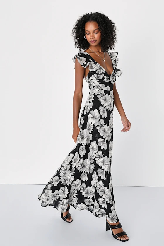Flawless Poise Black Floral Jacquard Ruffled Maxi Dress | Lulus (US)