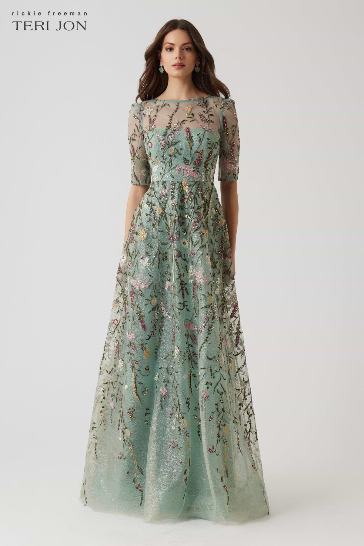 Embroidered Tulle A Line Gown | TERI JON