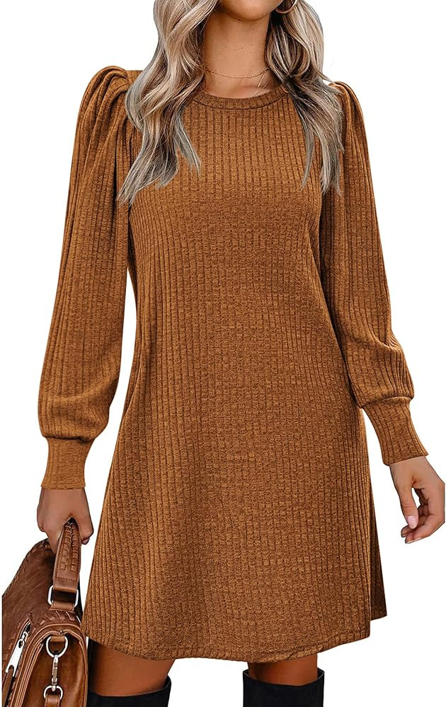 Zeagoo Women Knit Dress Puff Long Sleeve Dress for Fall Winter Round Neck Casual Tunic Dress | Amazon (US)