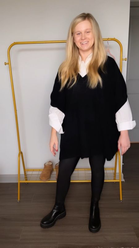 A quick and easy outfit for fall! 
Thanksgiving outfit 
Christmas outfit 
Workwear
Sweater look
Button up
Poncho
Shawl 
White button up for fall 
Faux leather leggings 
Chelsea boots 
Black Friday sale 

#LTKSeasonal #LTKCyberweek #LTKworkwear