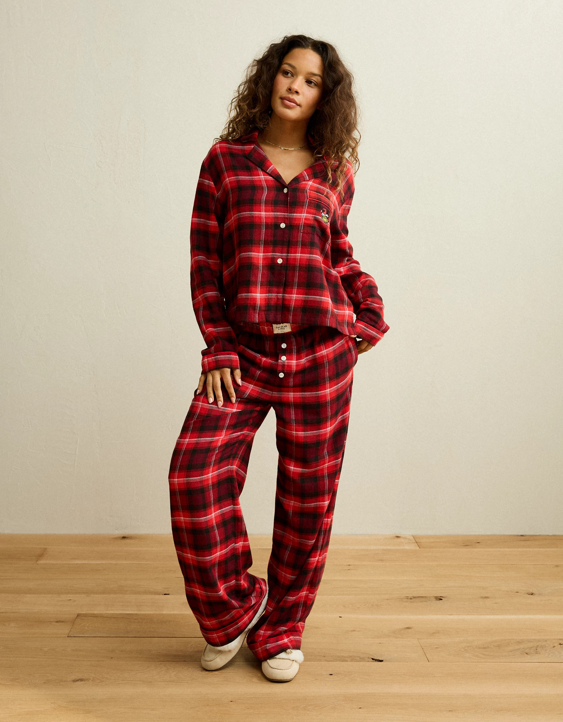AE Slow Morning Flannel Grinch Long Sleeve PJ Top | American Eagle Outfitters (US & CA)